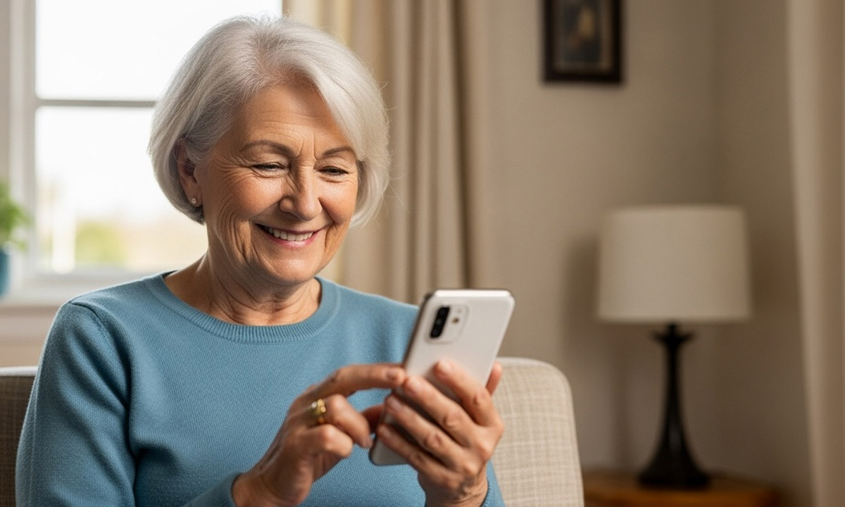 Señora sonriente usando smartphone - iBanking